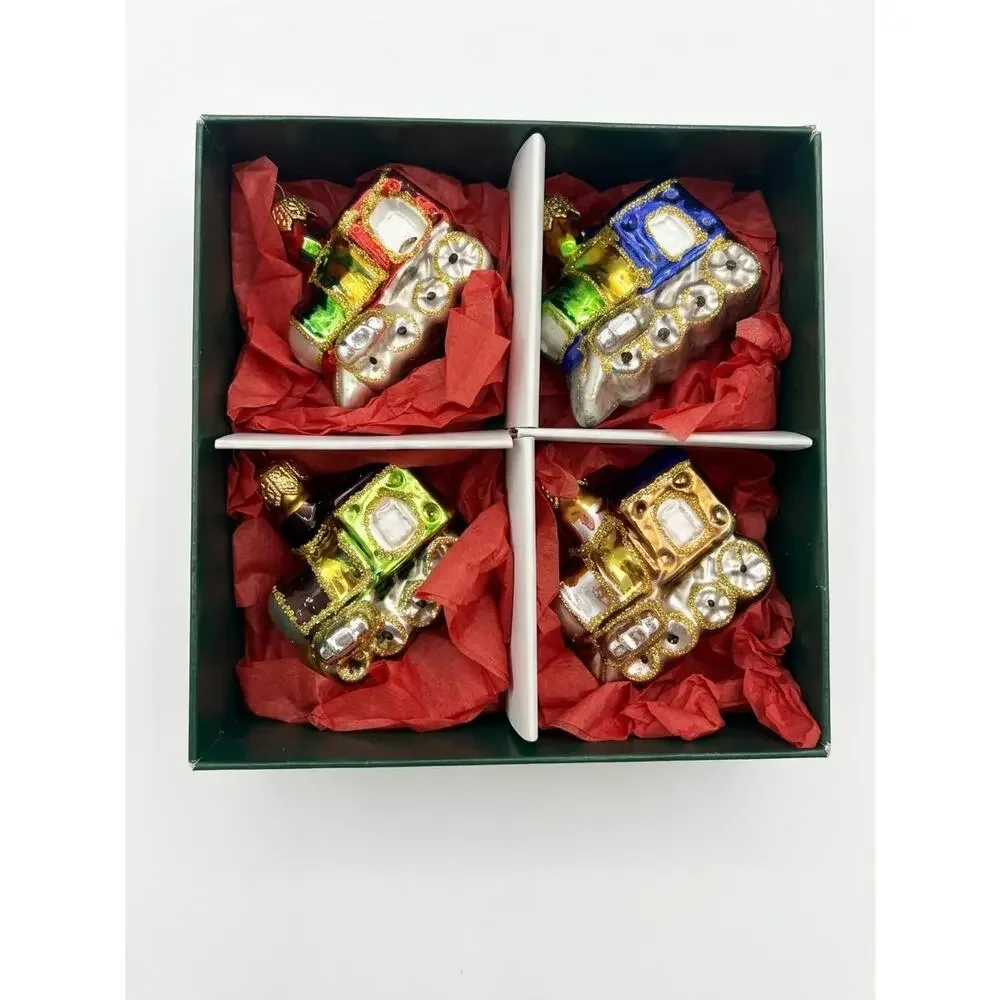 Vintage Polish Glass Train Ornaments Set of 4, Hand-Blown Christmas Tree Decor
